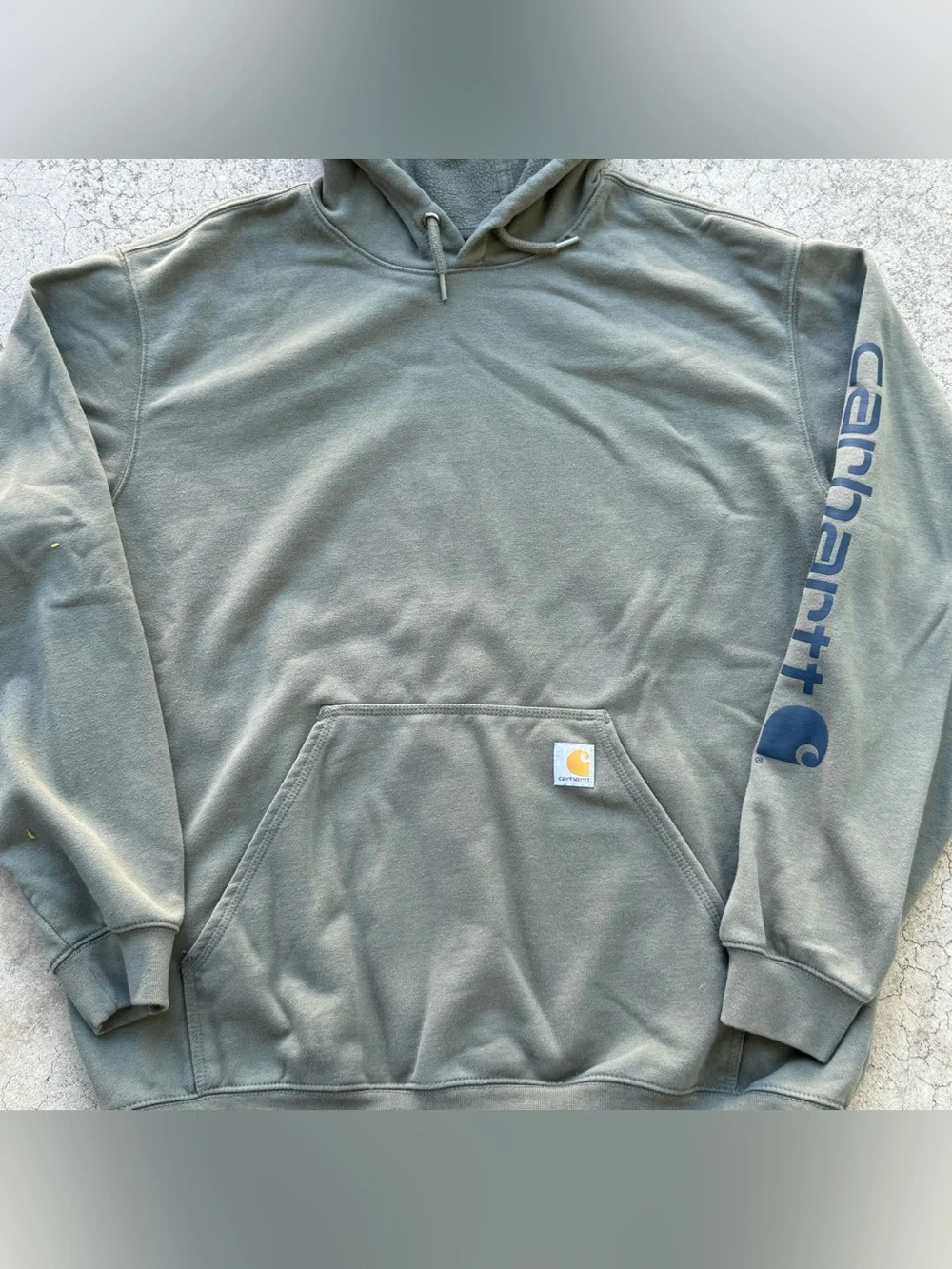 Carhartt Olive Green Pullover Hoodie with Navy Sleeve Logo